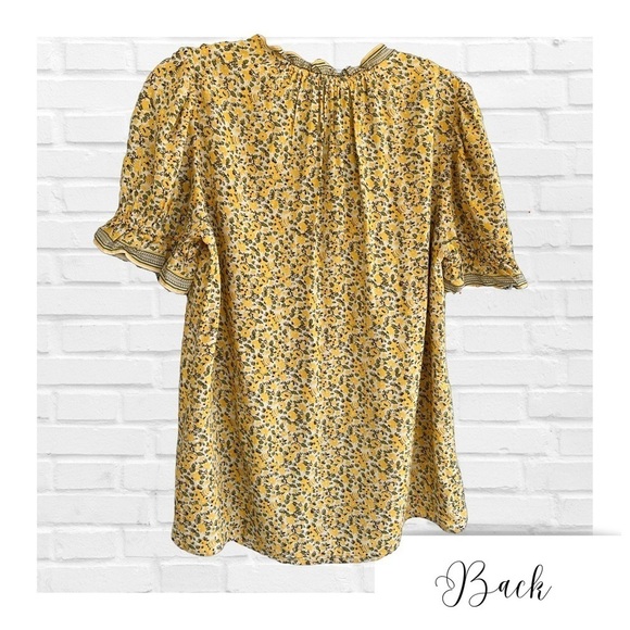 Max Studio Floral Short Sleeve Ruffle Split Neck Yellow & Green Puff Sleeve Lg - Picture 2 of 9